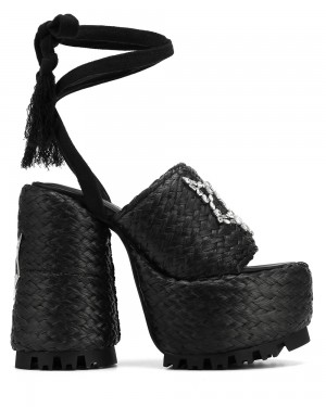 Naked Wolfe Beach Raffia Black Heels | 5830-NIHQJ