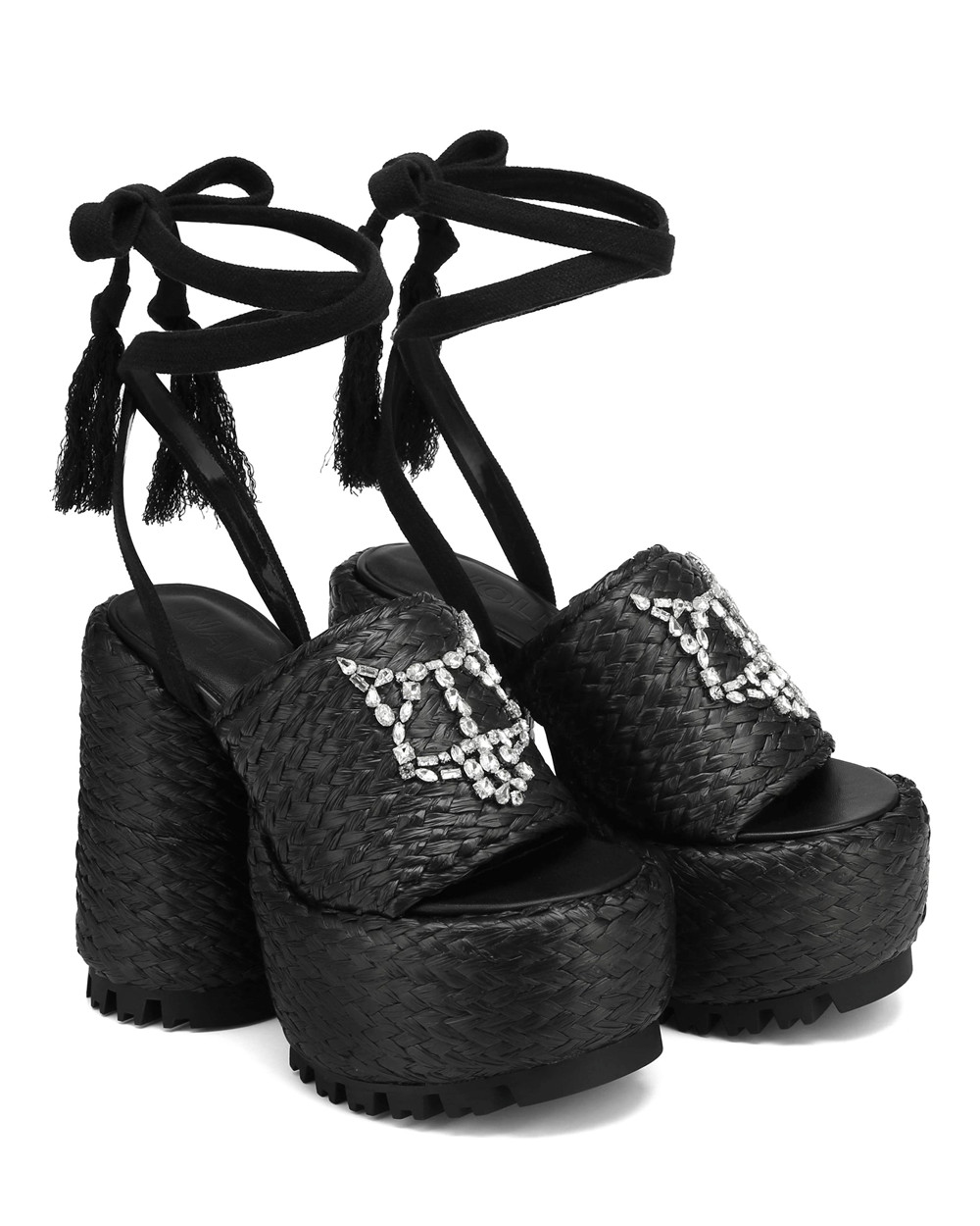 Naked Wolfe Beach Raffia Black Heels | 5830-NIHQJ