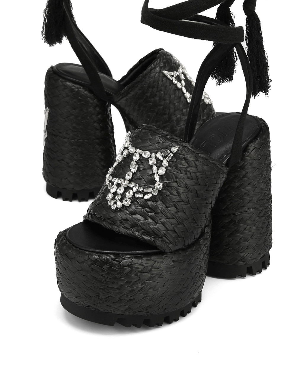 Naked Wolfe Beach Raffia Black Heels | 5830-NIHQJ