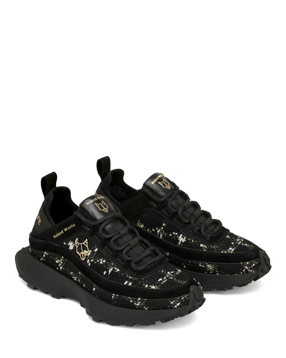 Naked Wolfe Petal Tweed & Suede Black Sneakers | 9748-GWOJL