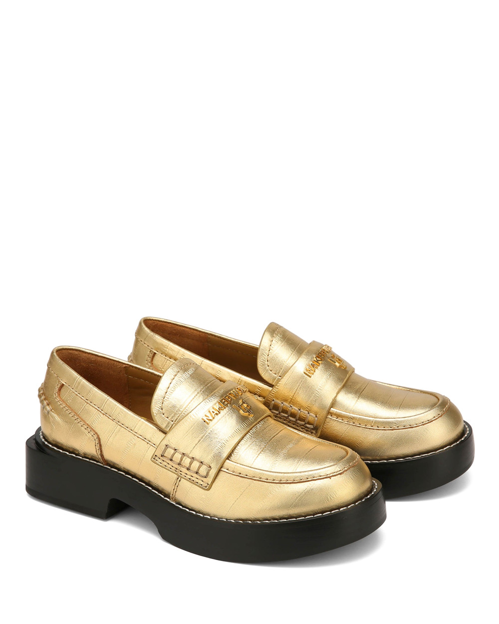 Naked Wolfe Swan Eel Print Leather Gold Loafers | 1204-QERGV