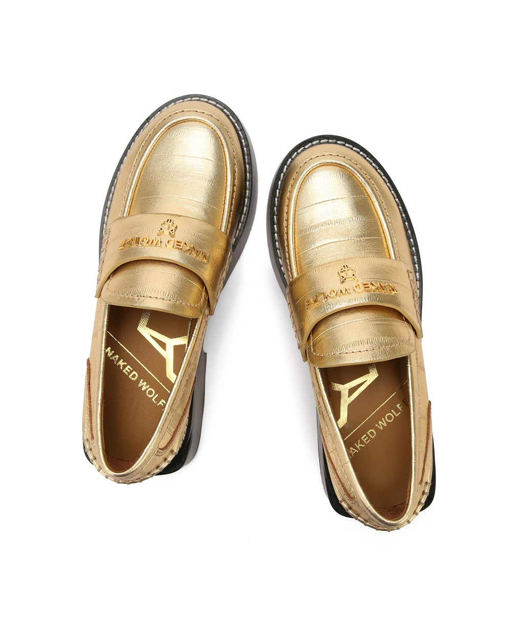 Naked Wolfe Swan Eel Print Leather Gold Loafers | 1204-QERGV